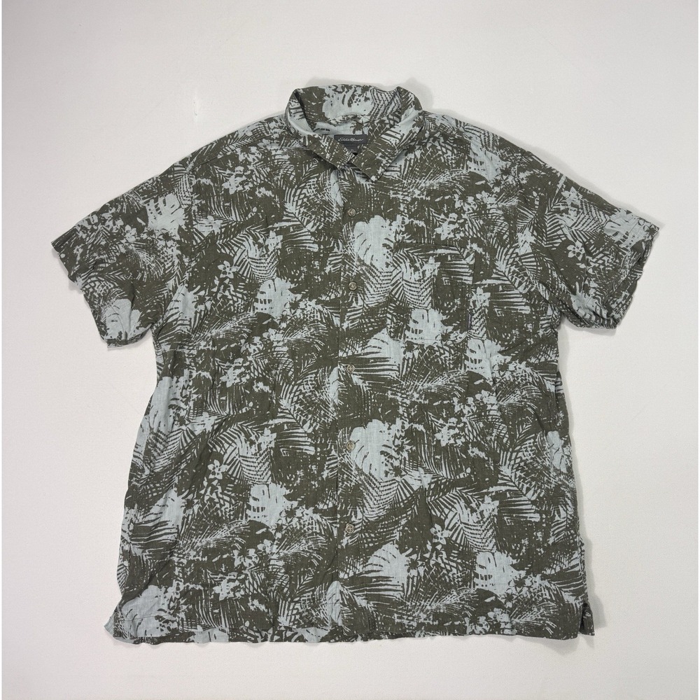 Eddie Bauer Men XL Linen Button Down Shirt Floral Loop Collar Vacation Green XL